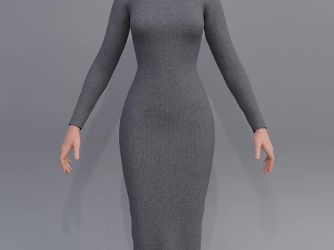 Long sleeve Turtleneck Bodycon Wool Dress 3D Female Clothing Asset 3D Model