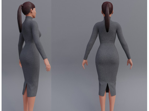 Long sleeve Turtleneck Bodycon Wool Dress 3D Female Clothing Asset 3D Model