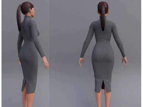Long sleeve Turtleneck Bodycon Wool Dress 3D Female Clothing Asset 3D Model