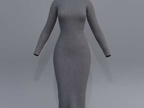 Long sleeve Turtleneck Bodycon Wool Dress 3D Female Clothing Asset 3D Model