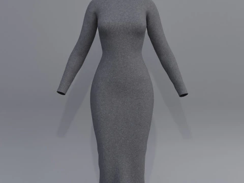 Long sleeve Turtleneck Bodycon Wool Dress 3D Female Clothing Asset 3D Model