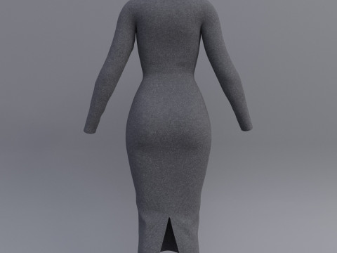 Long sleeve Turtleneck Bodycon Wool Dress 3D Female Clothing Asset 3D Model