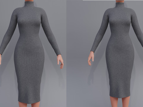 Long sleeve Turtleneck Bodycon Wool Dress 3D Female Clothing Asset 3D Model