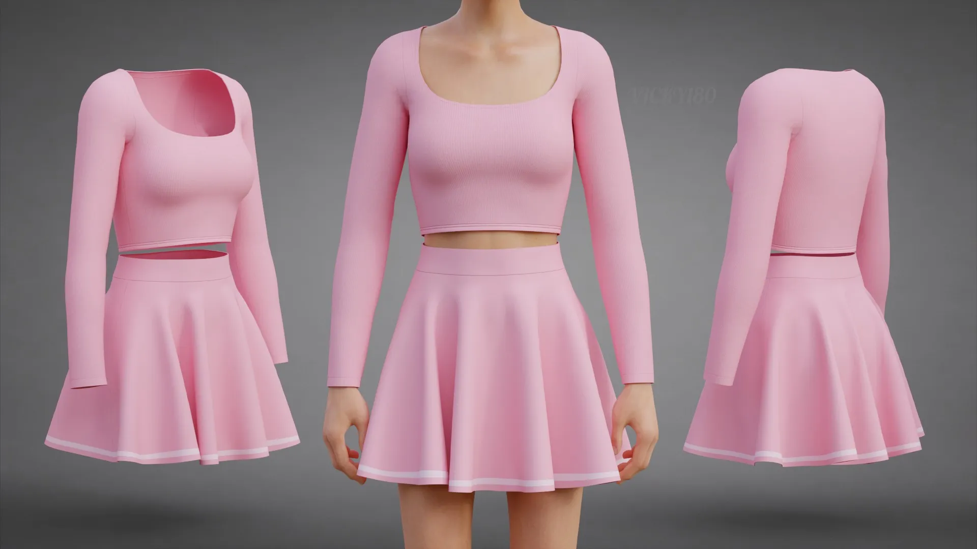 Womens Long Sleeve Crop Top Skater Skirt Clothing - Cute Pink Two-Piece Outfit 3D Model .c4d .max .obj .3ds .fbx .stl .blend