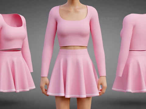 Womens Long Sleeve Crop Top Skater Skirt Clothing - Cute Pink Two-Piece Outfit 3D Model