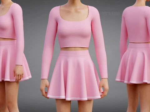 Womens Long Sleeve Crop Top Skater Skirt Clothing - Cute Pink Two-Piece Outfit 3D Model