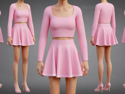 Womens Long Sleeve Crop Top Skater Skirt Clothing - Cute Pink Two-Piece Outfit 3D Model