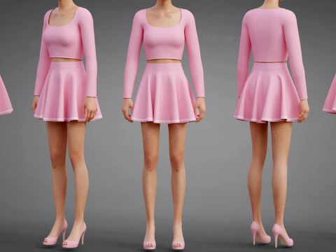 Womens Long Sleeve Crop Top Skater Skirt Clothing - Cute Pink Two-Piece Outfit 3D Model