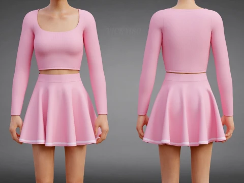 Womens Long Sleeve Crop Top Skater Skirt Clothing - Cute Pink Two-Piece Outfit 3D Model