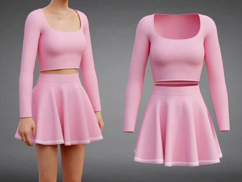 Womens Long Sleeve Crop Top Skater Skirt Clothing - Cute Pink Two-Piece Outfit 3D Model