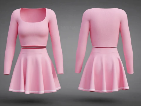Womens Long Sleeve Crop Top Skater Skirt Clothing - Cute Pink Two-Piece Outfit 3D Model