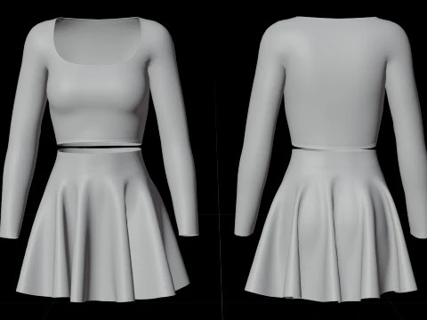 Womens Long Sleeve Crop Top Skater Skirt Clothing - Cute Pink Two-Piece Outfit 3D Model