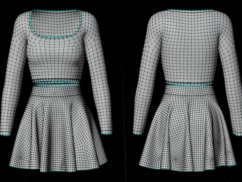 Womens Long Sleeve Crop Top Skater Skirt Clothing - Cute Pink Two-Piece Outfit 3D Model