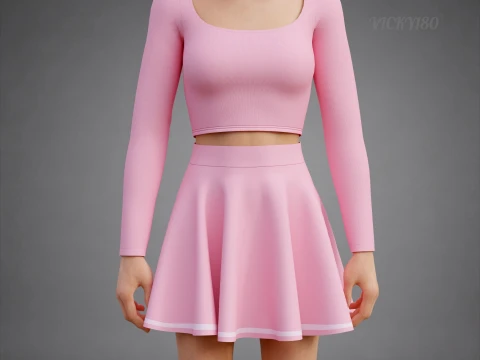 Womens Long Sleeve Crop Top Skater Skirt Clothing - Cute Pink Two-Piece Outfit 3D Model