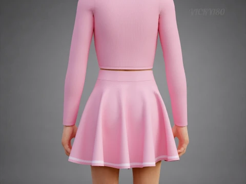 Womens Long Sleeve Crop Top Skater Skirt Clothing - Cute Pink Two-Piece Outfit 3D Model