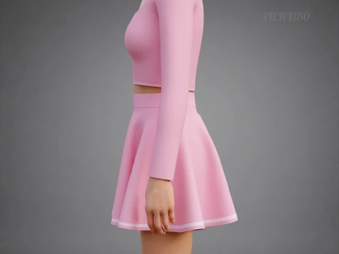 Womens Long Sleeve Crop Top Skater Skirt Clothing - Cute Pink Two-Piece Outfit 3D Model