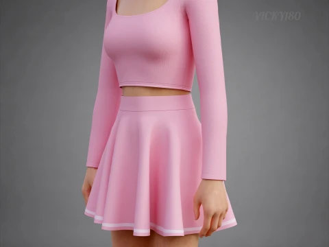 Womens Long Sleeve Crop Top Skater Skirt Clothing - Cute Pink Two-Piece Outfit 3D Model