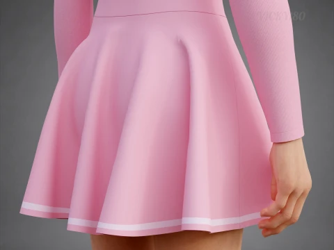 Womens Long Sleeve Crop Top Skater Skirt Clothing - Cute Pink Two-Piece Outfit 3D Model