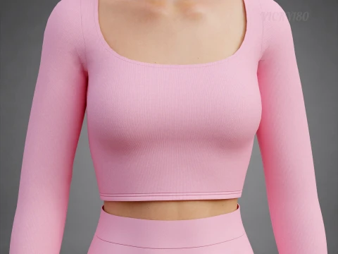 Womens Long Sleeve Crop Top Skater Skirt Clothing - Cute Pink Two-Piece Outfit 3D Model