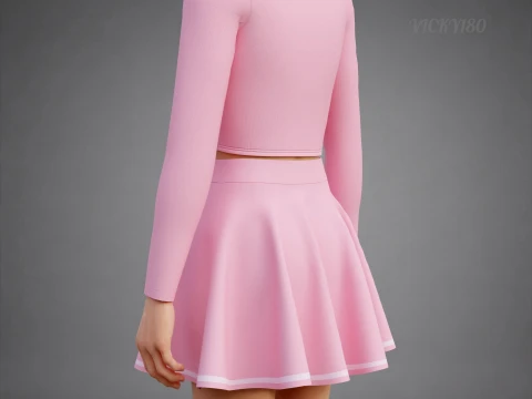 Womens Long Sleeve Crop Top Skater Skirt Clothing - Cute Pink Two-Piece Outfit 3D Model