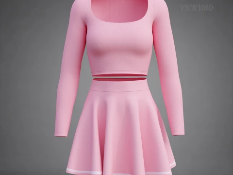 Womens Long Sleeve Crop Top Skater Skirt Clothing - Cute Pink Two-Piece Outfit 3D Model