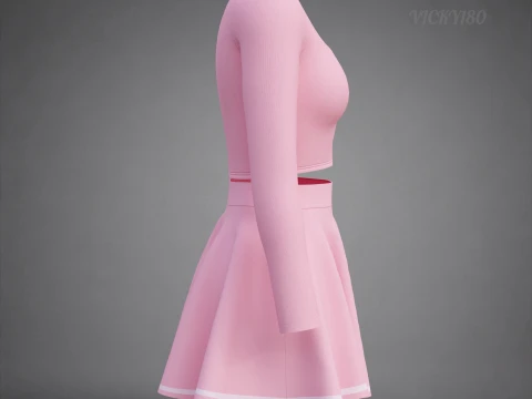 Womens Long Sleeve Crop Top Skater Skirt Clothing - Cute Pink Two-Piece Outfit 3D Model