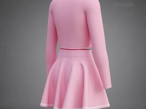 Womens Long Sleeve Crop Top Skater Skirt Clothing - Cute Pink Two-Piece Outfit 3D Model