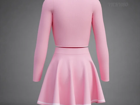 Womens Long Sleeve Crop Top Skater Skirt Clothing - Cute Pink Two-Piece Outfit 3D Model