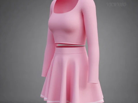 Womens Long Sleeve Crop Top Skater Skirt Clothing - Cute Pink Two-Piece Outfit 3D Model