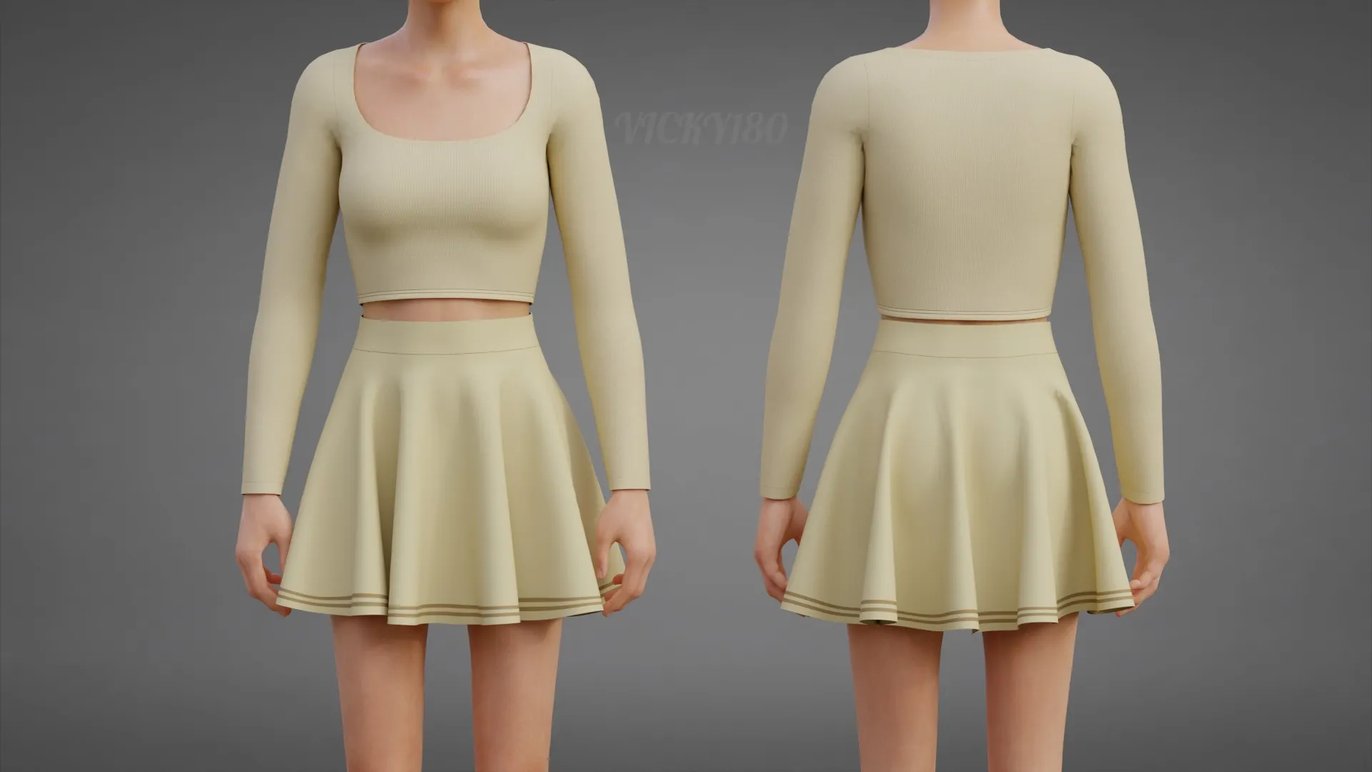 여성용 파스텔 투피스 의류 - 스퀘어 넥 크롭 탑 서클 스커트 의상 3D 모델 .c4d .max .obj .3ds .fbx .stl .blend 