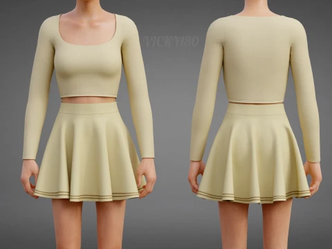 レディースパステルツーピース服 - スクエアネッククロップトップサークルスカート衣装 3Dモデル
