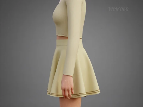 여성용 파스텔 투피스 의류 - 스퀘어 넥 크롭 탑 서클 스커트 의상 3D 모델