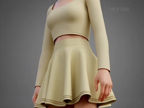 여성용 파스텔 투피스 의류 - 스퀘어 넥 크롭 탑 서클 스커트 의상 3D 모델
