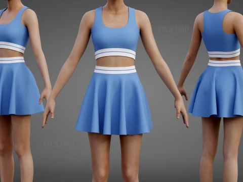 Set abbigliamento sportivo da tennis da donna - Minigonna svasata a vita alta con reggiseno sportivo Modello 3D