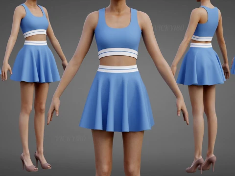 Conjunto de roupas esportivas femininas para t&ecirc;nis &ndash; suti&atilde; esportivo de cintura alta e minissaia alargada Modelo 3D