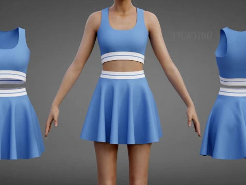 Conjunto de roupas esportivas femininas para t&ecirc;nis &ndash; suti&atilde; esportivo de cintura alta e minissaia alargada Modelo 3D