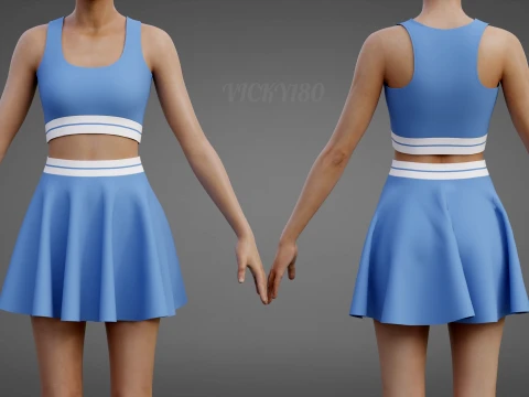 Conjunto de roupas esportivas femininas para t&ecirc;nis &ndash; suti&atilde; esportivo de cintura alta e minissaia alargada Modelo 3D