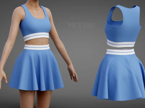Conjunto de roupas esportivas femininas para t&ecirc;nis &ndash; suti&atilde; esportivo de cintura alta e minissaia alargada Modelo 3D