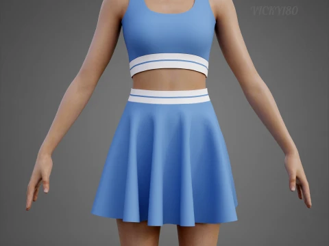 Conjunto de roupas esportivas femininas para t&ecirc;nis &ndash; suti&atilde; esportivo de cintura alta e minissaia alargada Modelo 3D