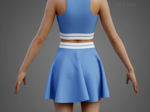 Conjunto de roupas esportivas femininas para t&ecirc;nis &ndash; suti&atilde; esportivo de cintura alta e minissaia alargada Modelo 3D