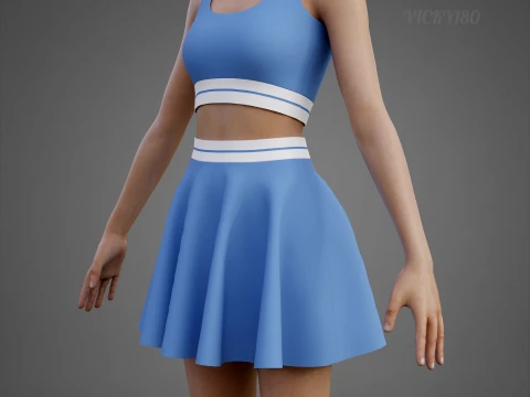 Conjunto de roupas esportivas femininas para t&ecirc;nis &ndash; suti&atilde; esportivo de cintura alta e minissaia alargada Modelo 3D