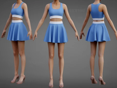 Conjunto de roupas esportivas femininas para t&ecirc;nis &ndash; suti&atilde; esportivo de cintura alta e minissaia alargada Modelo 3D