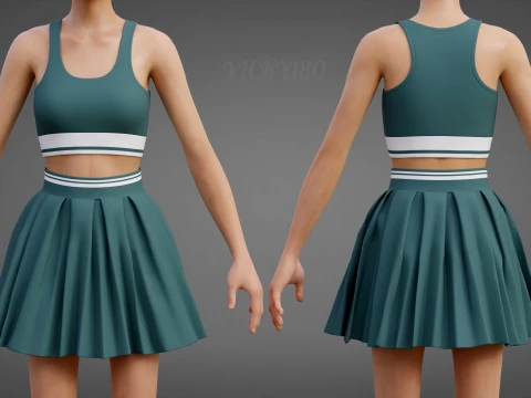 Sportbekleidung, Tennis-Outfit-Set, Sport-BH, Tank-Top mit plissiertem Minirock 3D Modell