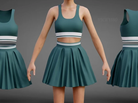 Sports Wear Tennis Outfit Set Sports Bra Tank Top with Pleated Mini Skirt Clothing 3D Model