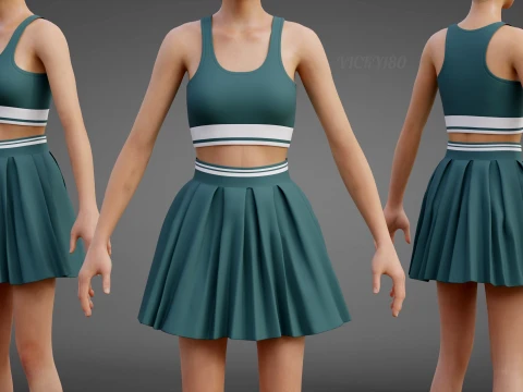 Sports Wear Tennis Outfit Set Sports Bra Tank Top with Pleated Mini Skirt Clothing 3D Model