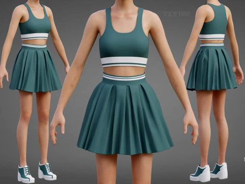 Sports Wear Tennis Outfit Set Sports Bra Tank Top with Pleated Mini Skirt Clothing 3D Model