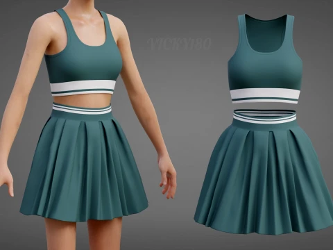 Sports Wear Tennis Outfit Set Sports Bra Tank Top with Pleated Mini Skirt Clothing 3D Model