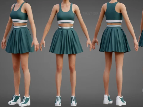 Sports Wear Tennis Outfit Set Sports Bra Tank Top with Pleated Mini Skirt Clothing 3D Model