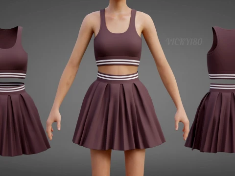 Zweiteiliges Activewear-Kombi-Outfit &ndash; Kleidung mit Sport-BH und plissiertem Skaterrock 3D Modell
