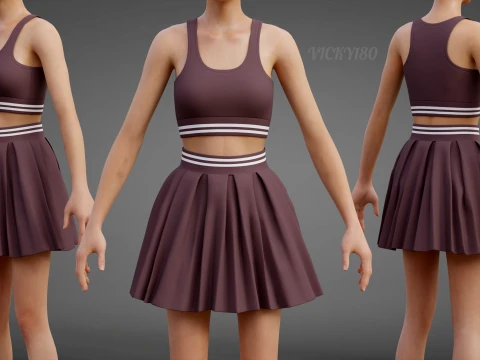 Roupa de duas pe&ccedil;as Activewear Co-Ord &ndash; Suti&atilde; esportivo saia skatista plissada Modelo 3D